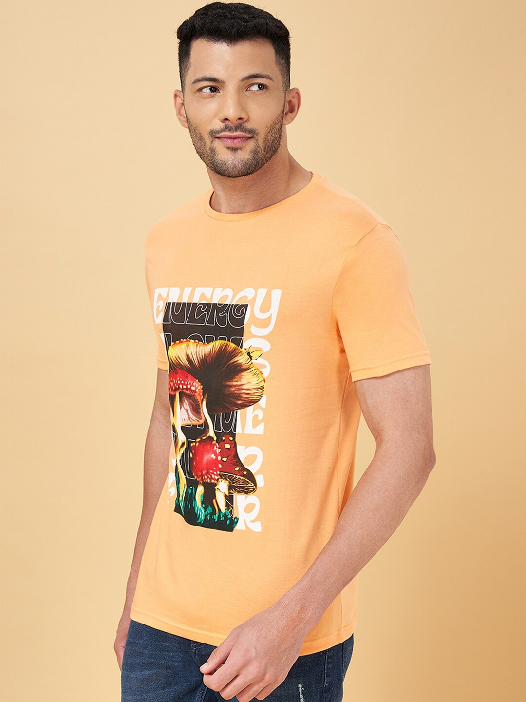 

People Orange Graphic Printed Slim Fit Cotton T-shirt