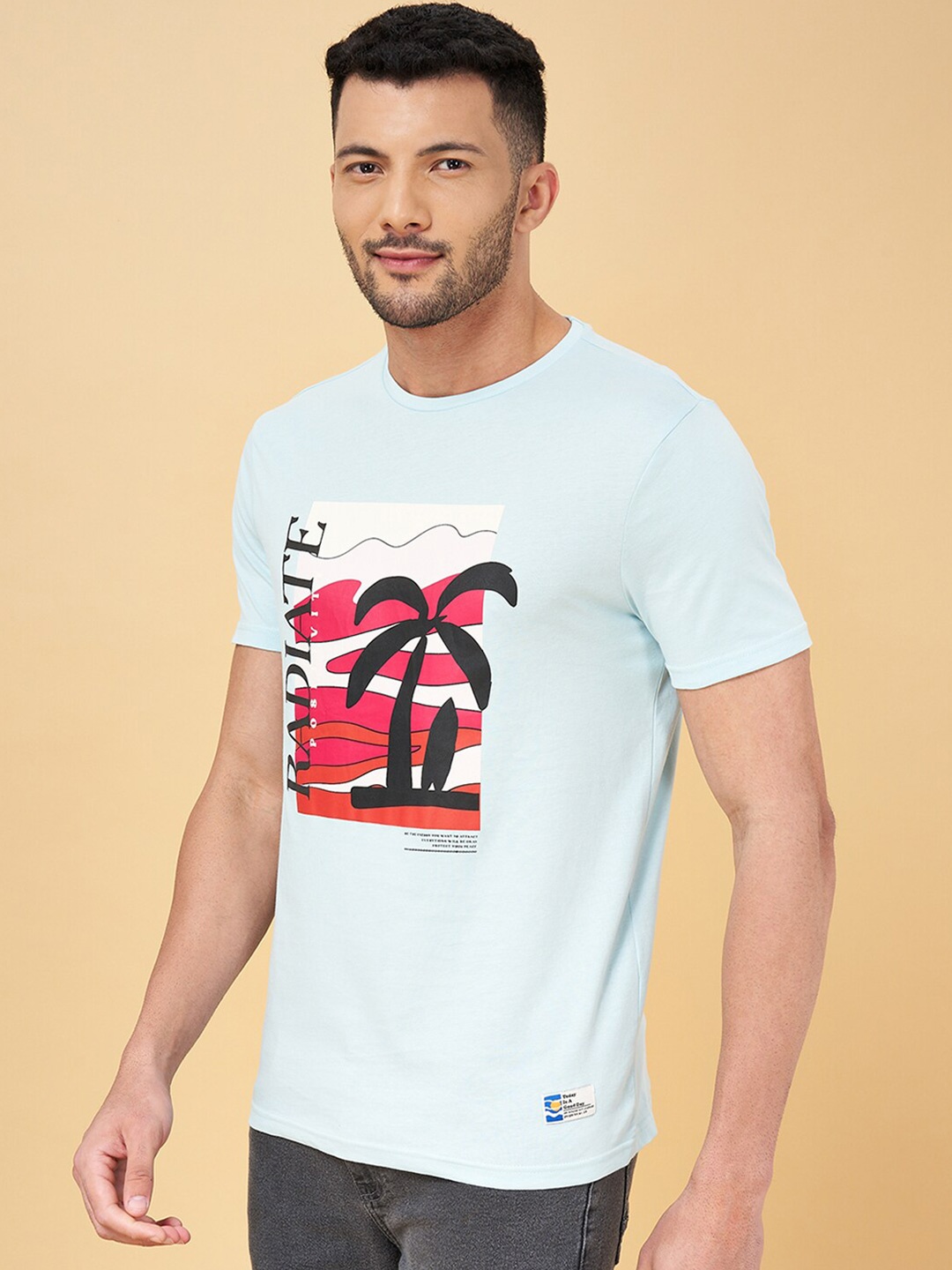 

People Blue Graphic Printed Slim Fit Cotton T-shirt