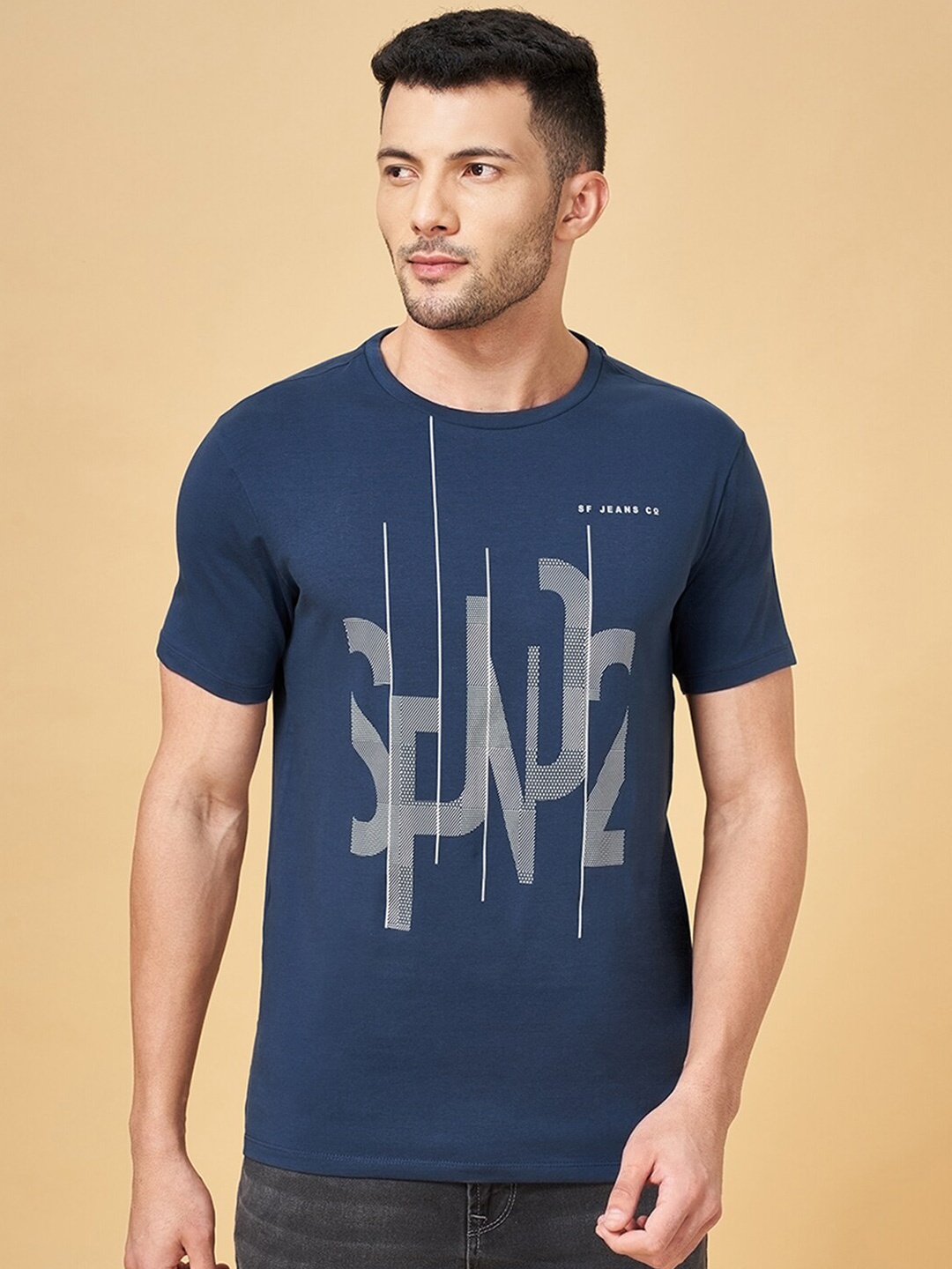 SF JEANS by Pantaloons Typography Printed Round Neck T-shirt, Navy blue