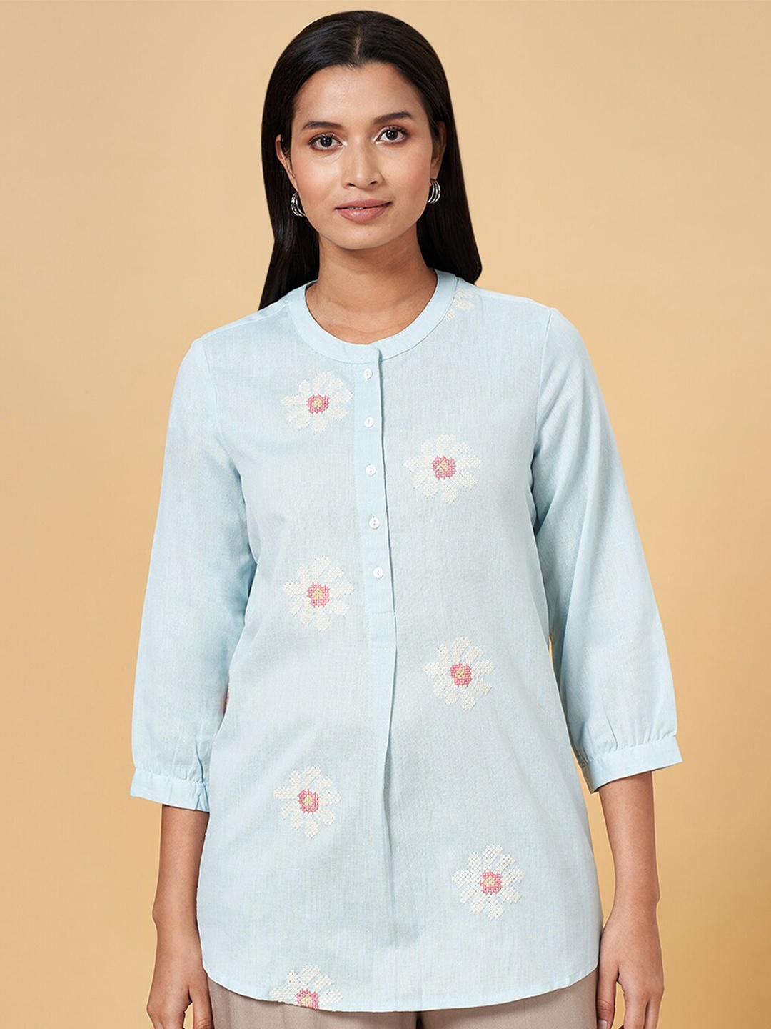 

AKKRITI BY PANTALOONS Floral Embroidered Band Collar Cotton Tunic, Blue