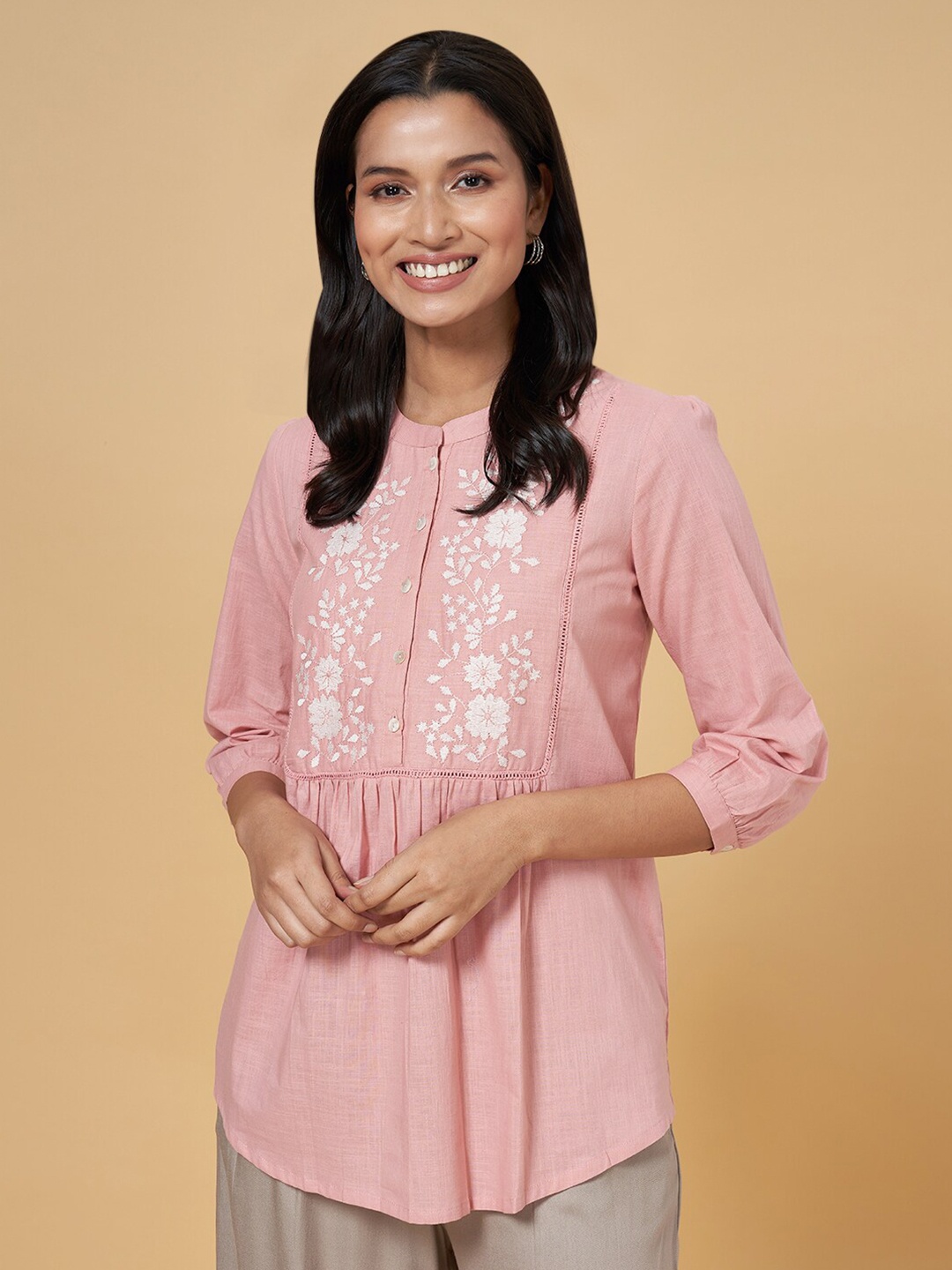 

AKKRITI BY PANTALOONS Embroidered Band Collar Tunic, Pink