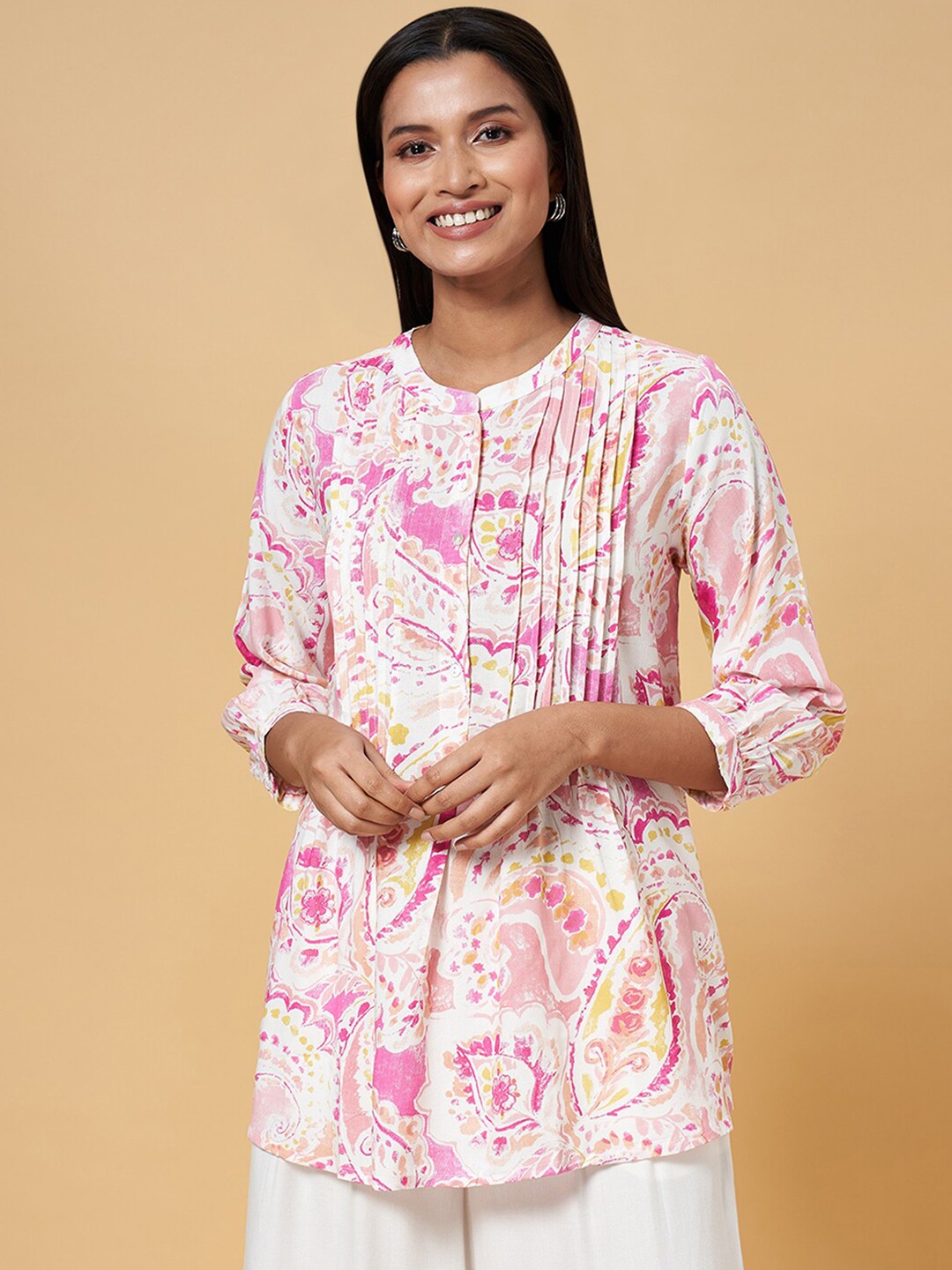 

AKKRITI BY PANTALOONS Floral Printed Gathers Detail Tunic, Pink