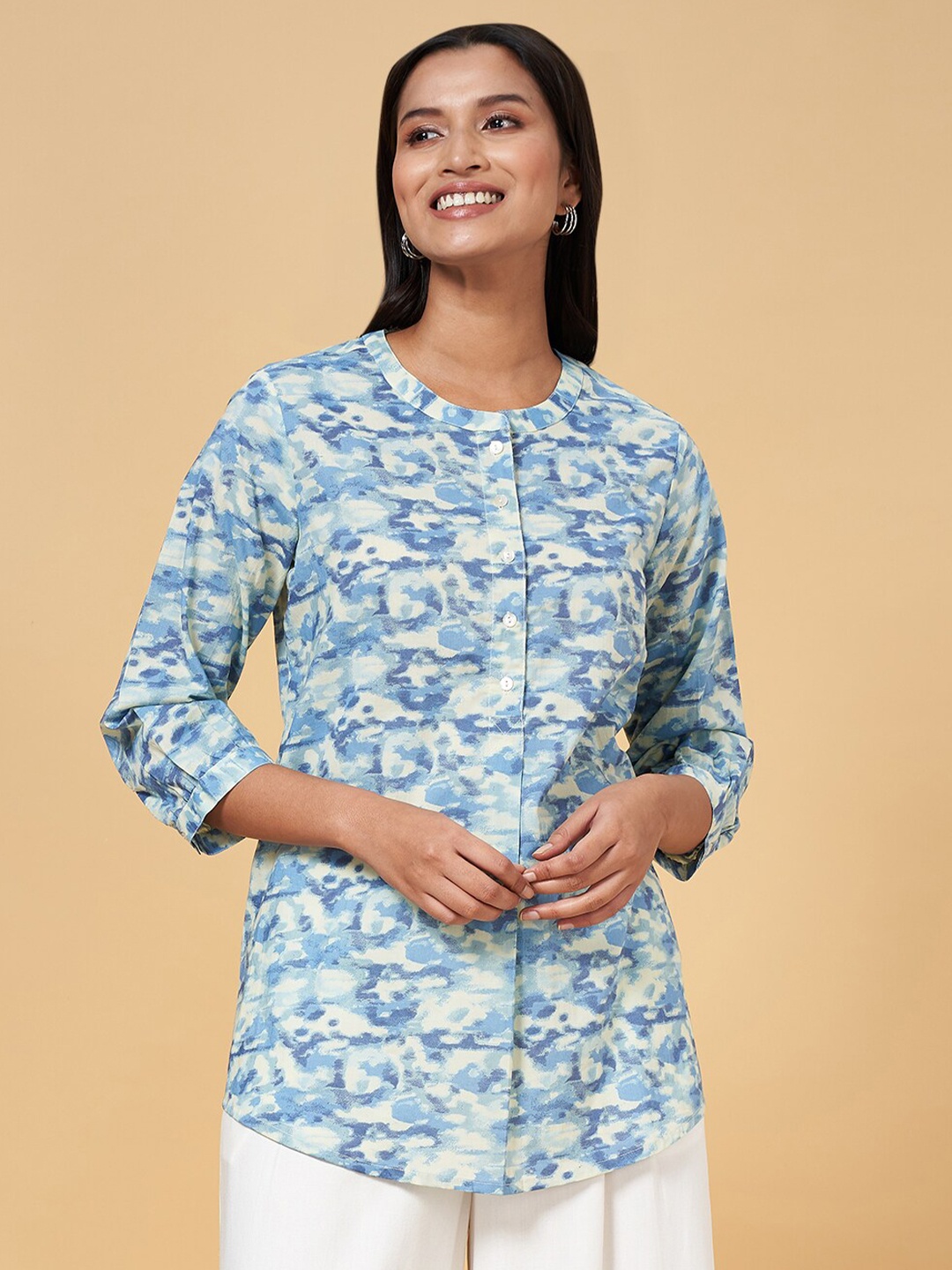 

AKKRITI BY PANTALOONS Abstract Printed Band Collar Cotton Tunic, Blue