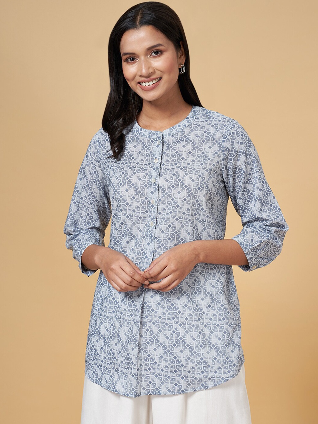 

AKKRITI BY PANTALOONS Geometric Printed Band Collar Cotton Tunic, Blue