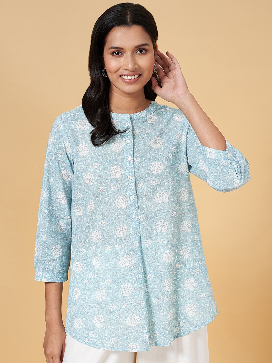 

AKKRITI BY PANTALOONS Floral Printed Band Collar Cotton Tunic, Blue