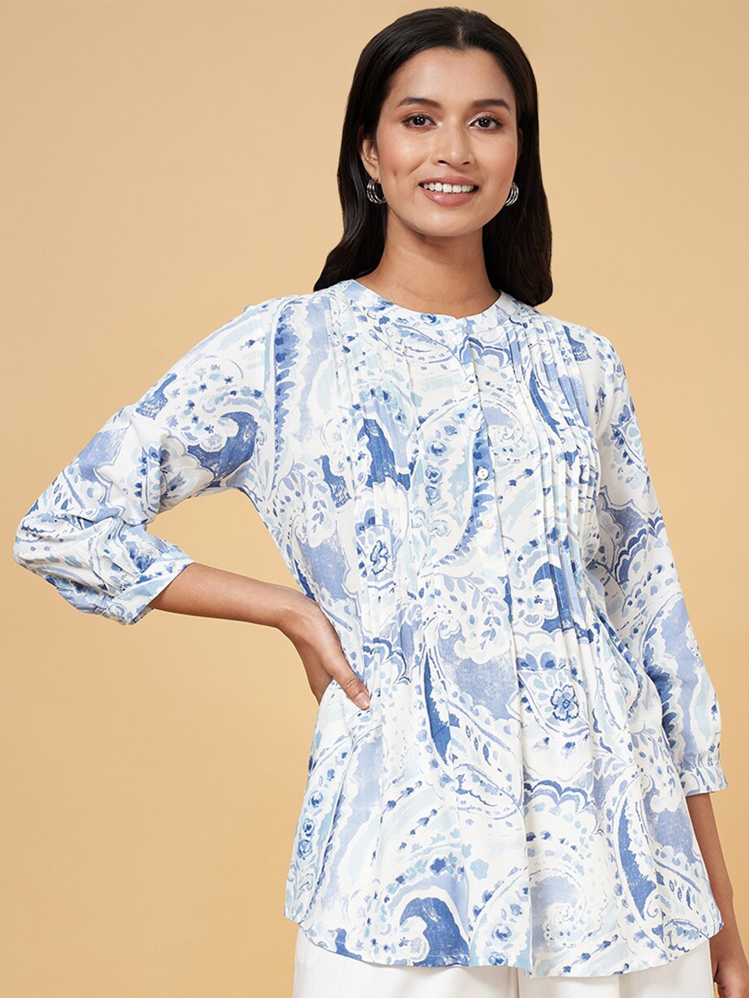 

AKKRITI BY PANTALOONS Ethnic Motif Printed Band Collar Tunic, Blue