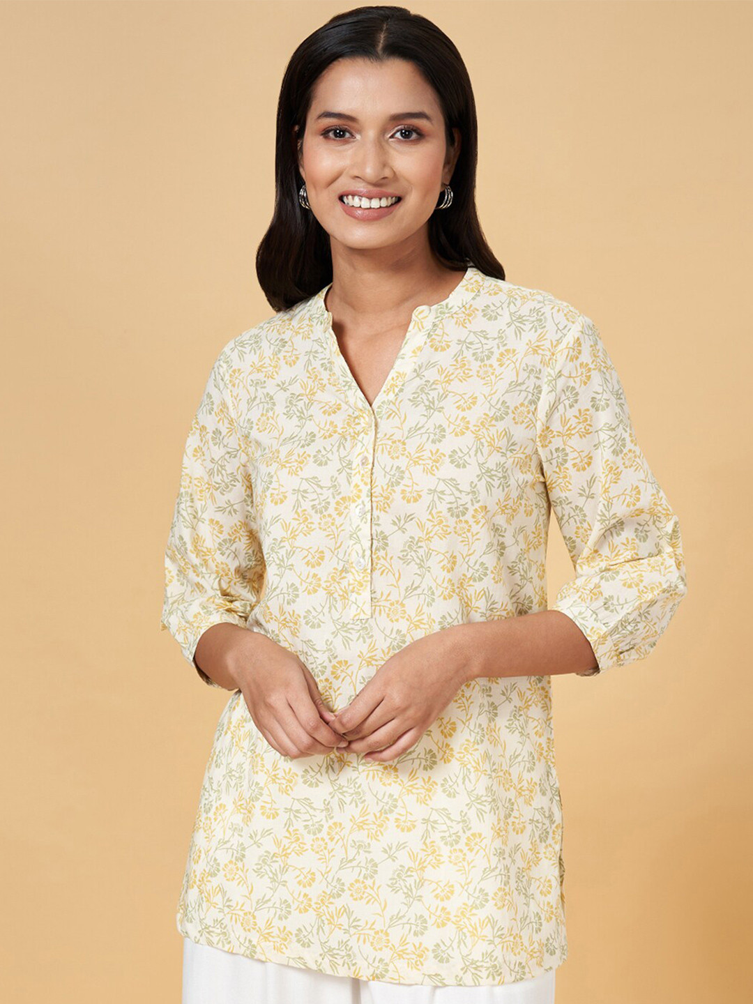 

AKKRITI BY PANTALOONS Floral Printed Mandarin Collar Cotton Tunic, Yellow