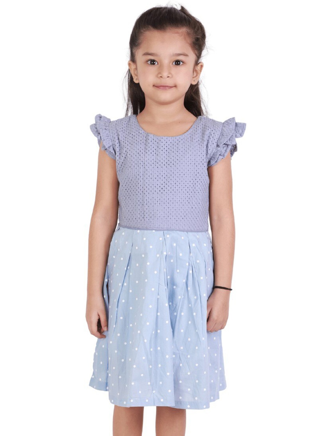 

BAESD Girls Polka Dots Printed Flutter Sleeves Pure Cotton A-Line Dress, Blue