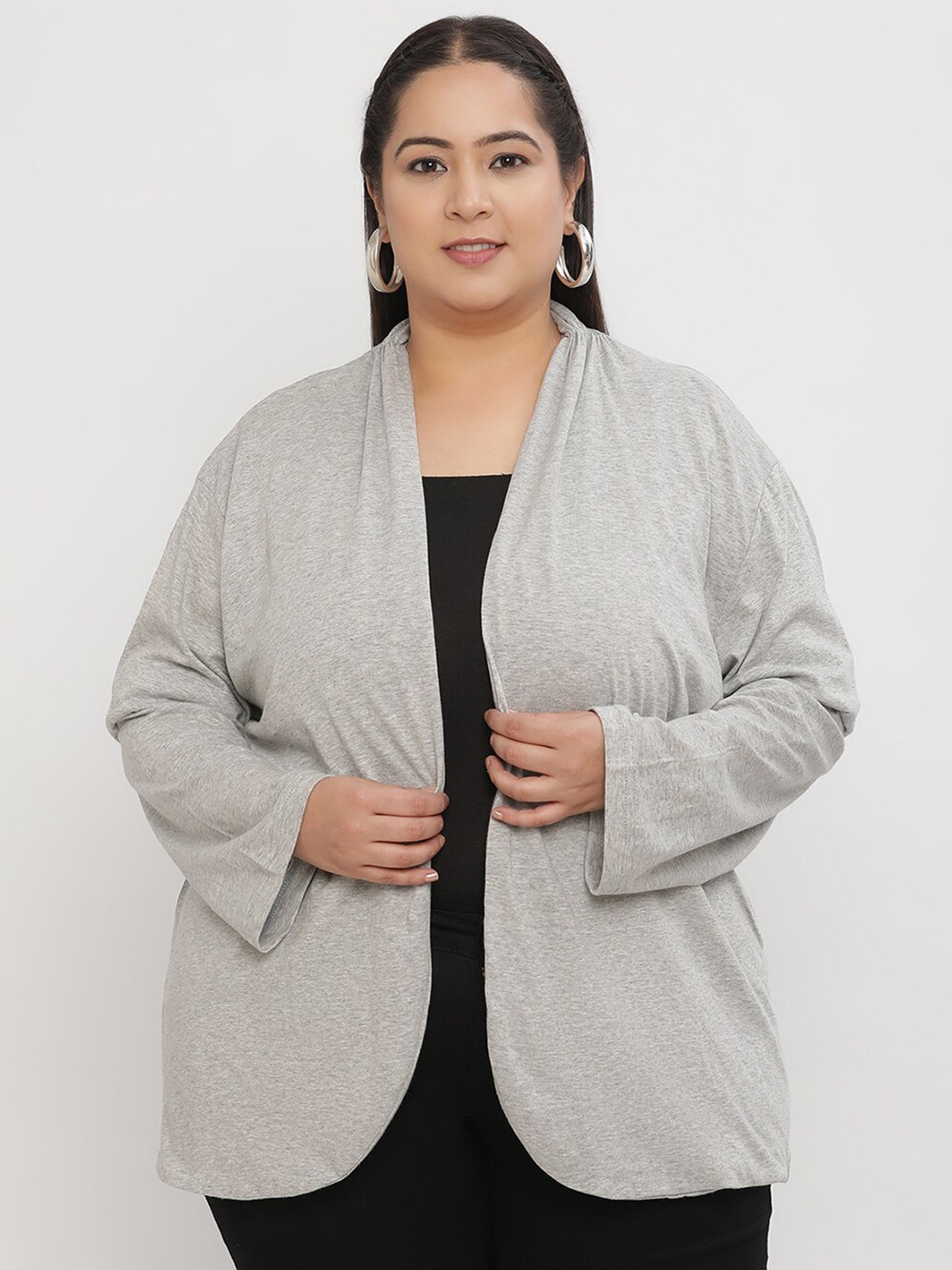 

UnaOne Plus Size Open Front Pure Cotton Shrug, Grey melange