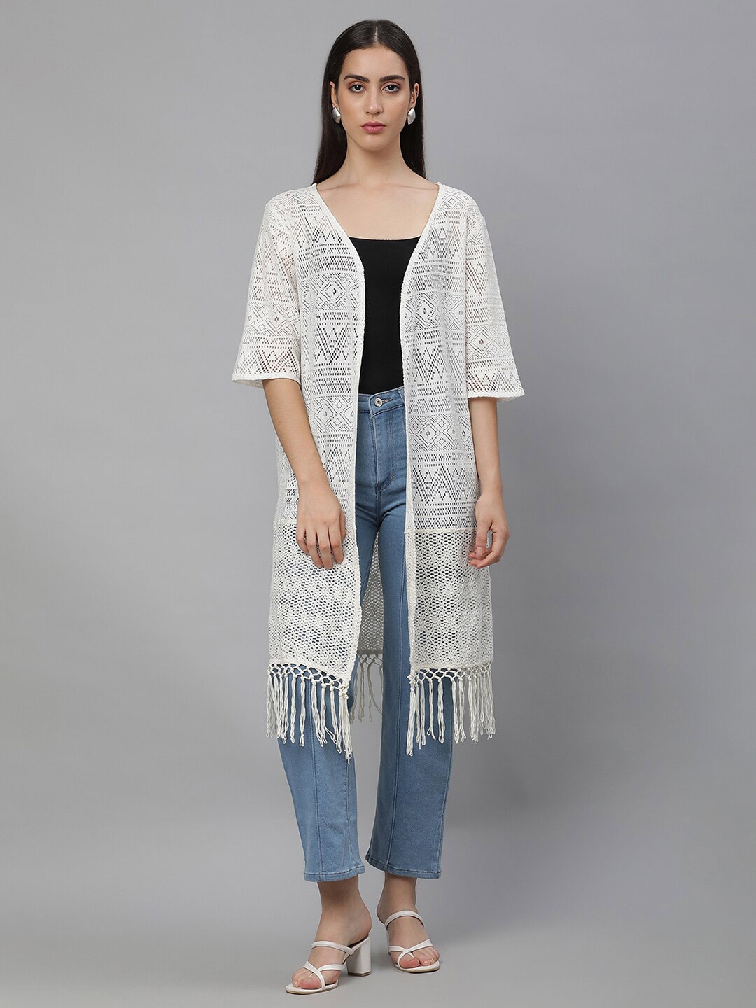 

UnaOne Self Design Open Front Pure Cotton Longline Shrug, Off white
