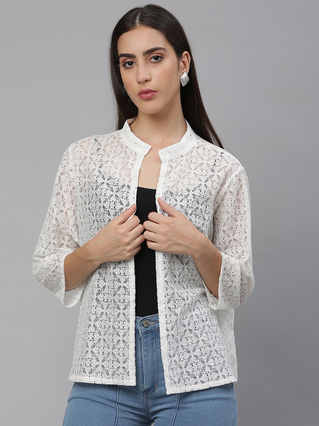 

UnaOne Self Design Open Front Pure Cotton Shrug, Off white