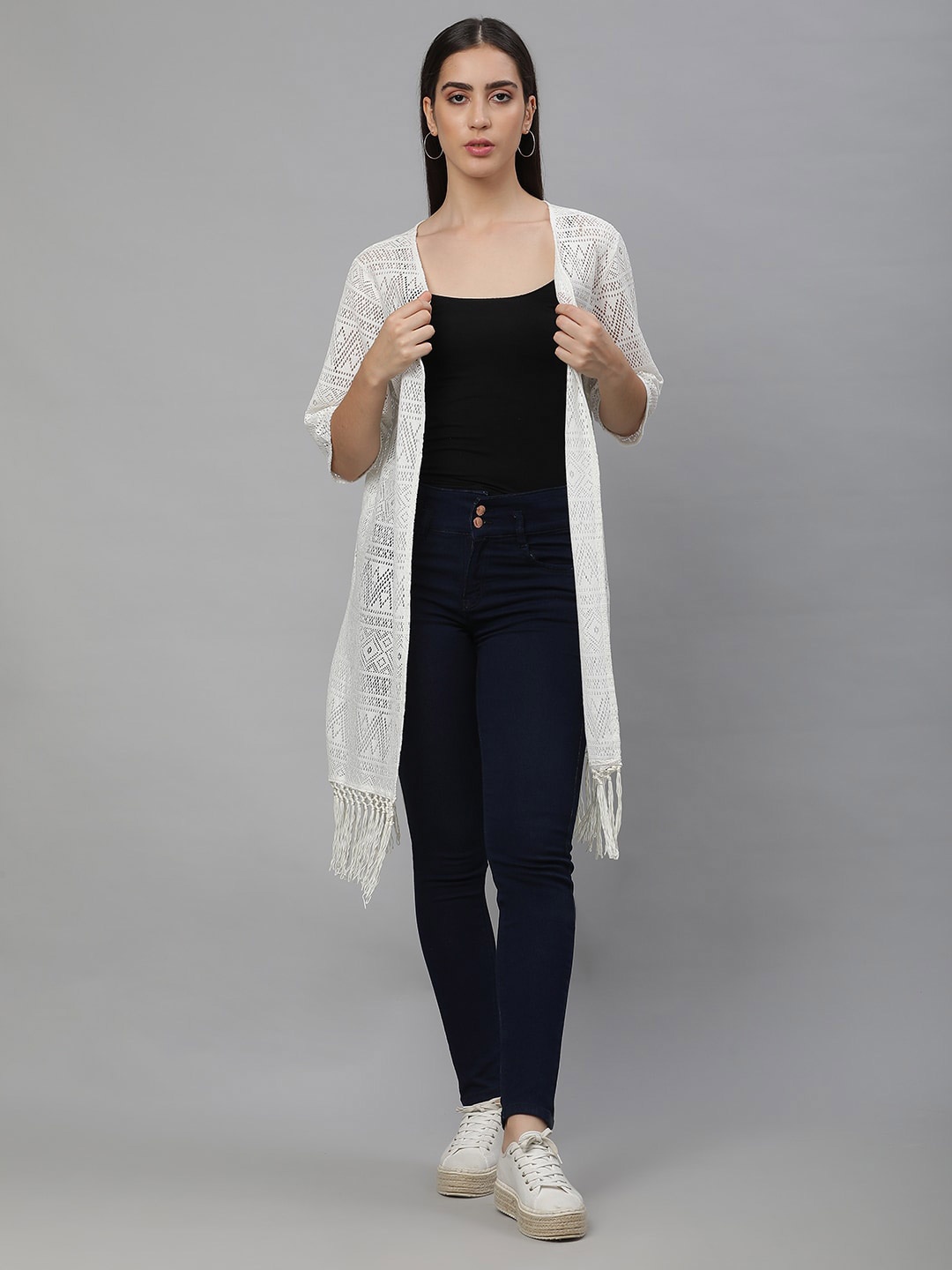 

UnaOne Self Design Front Open Pure Cotton Longline Shrug, Off white