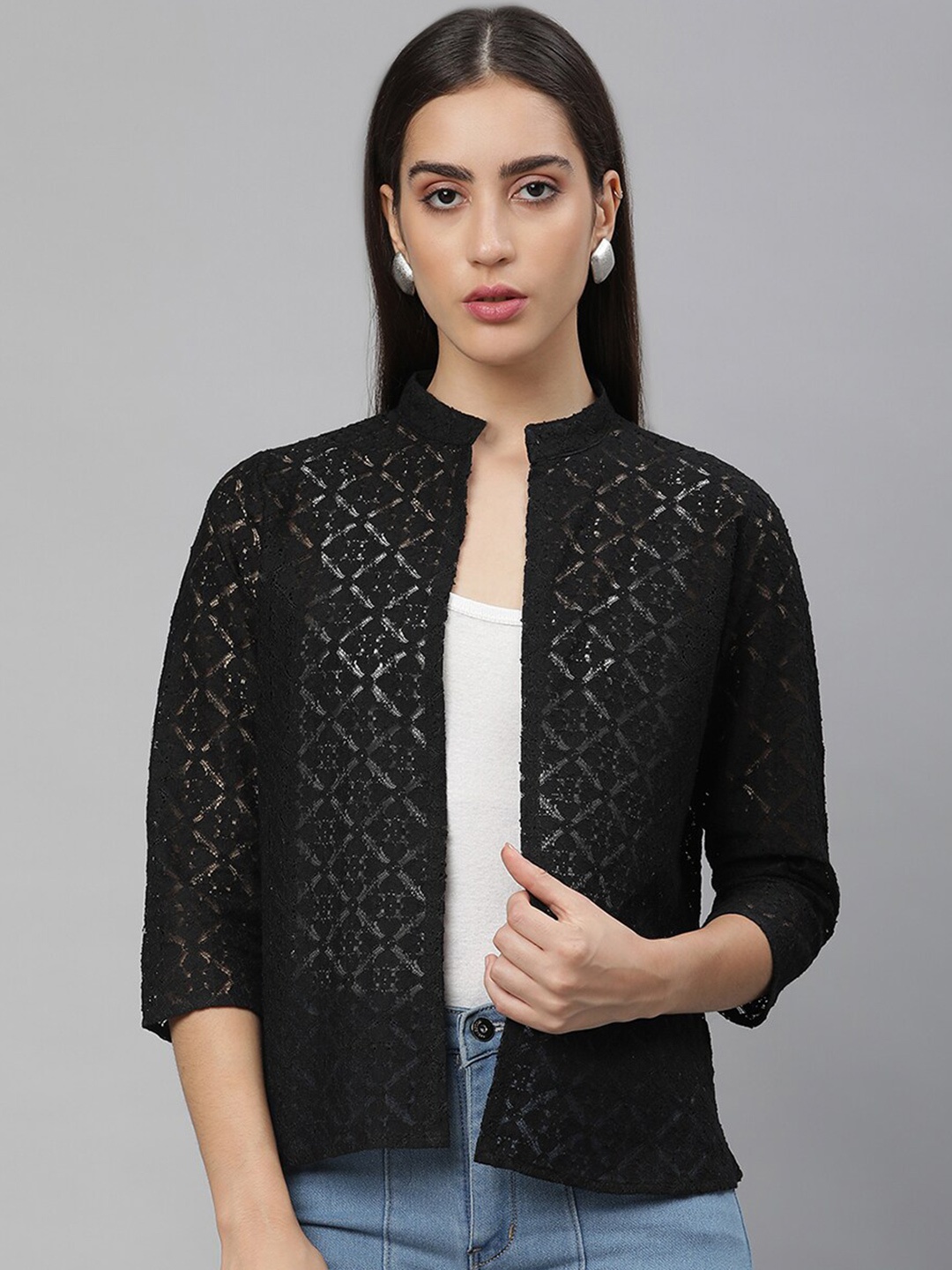 

UnaOne Self Design Open Front Pure Cotton Shrug, Black