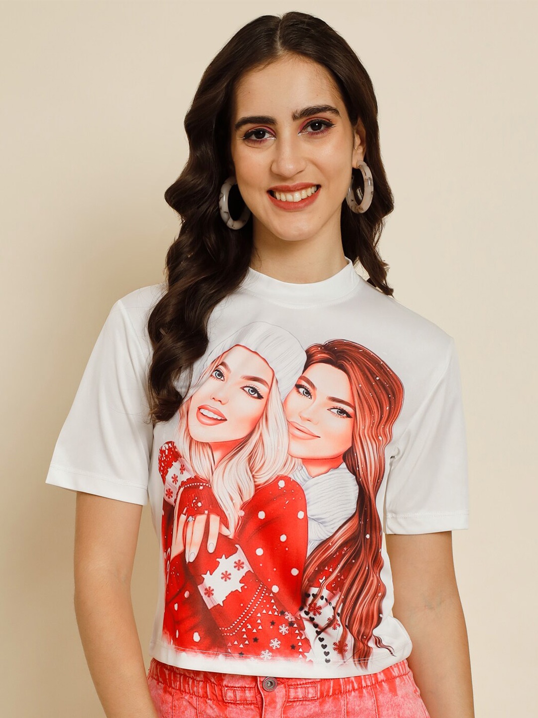 

BAESD Graphic Printed High Neck Top, White