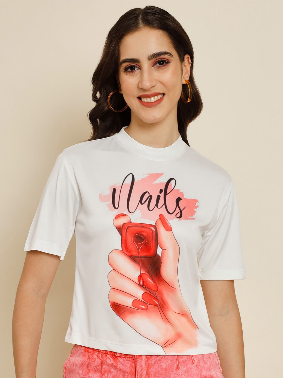 

BAESD Graphic Printed High Neck Top, White