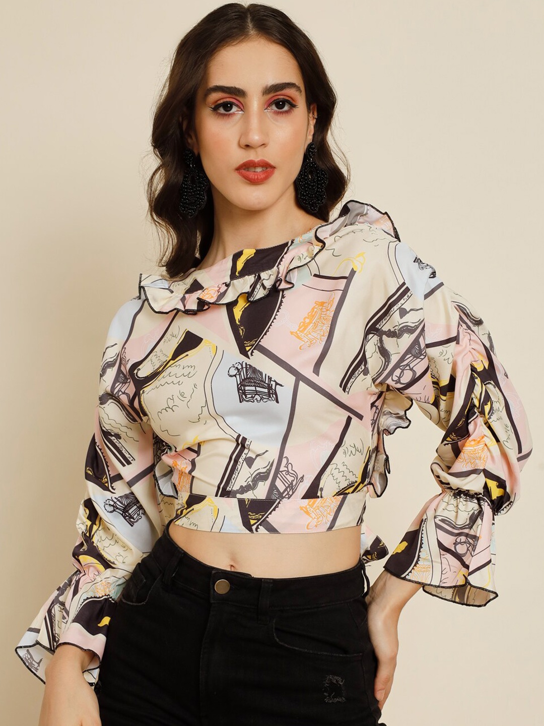 

BAESD Abstract Printed Boat Neck Bell Sleeve Crop Top, Beige