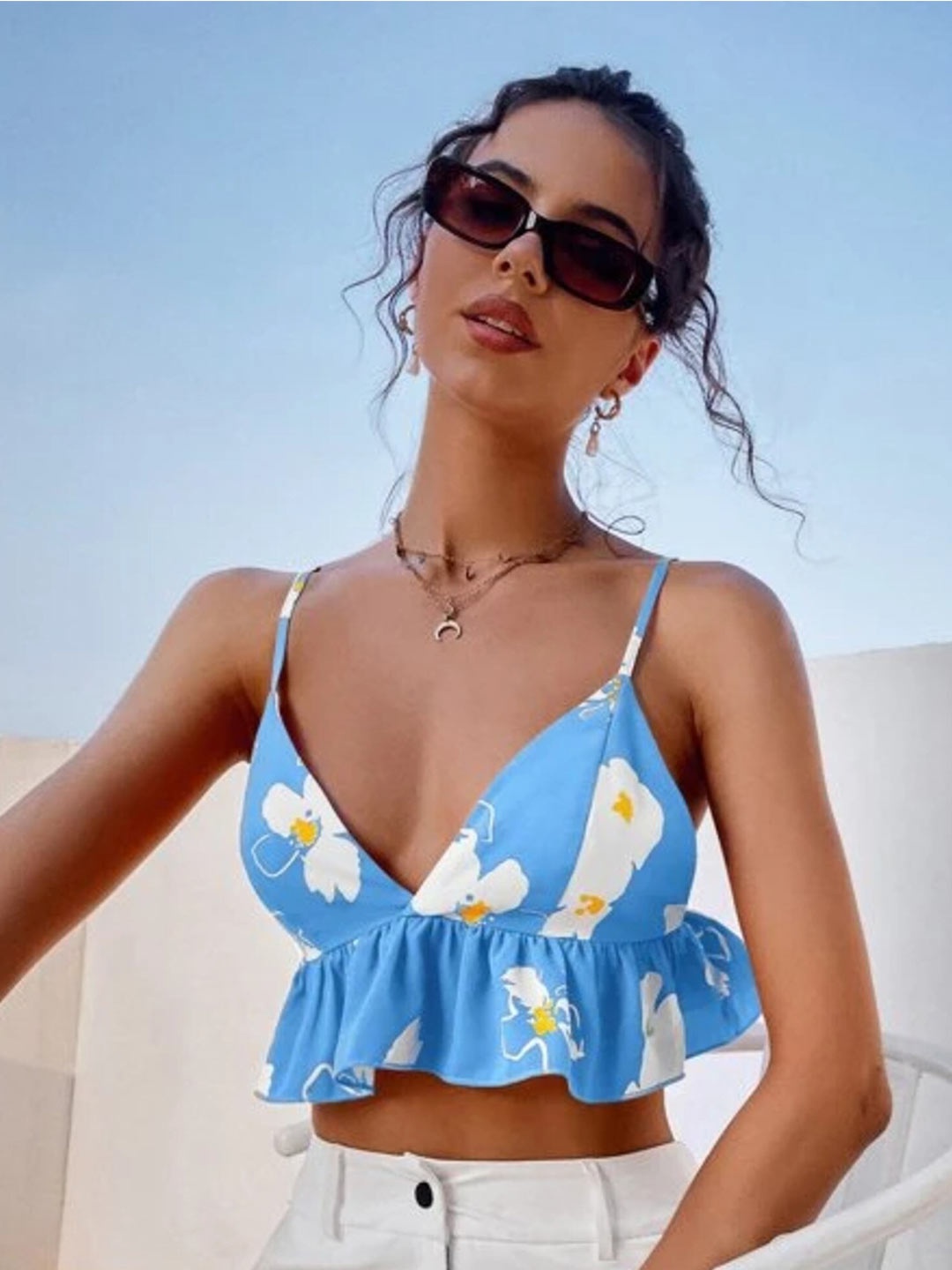 

BAESD Floral Printed Sleeveless Crop Top, Blue