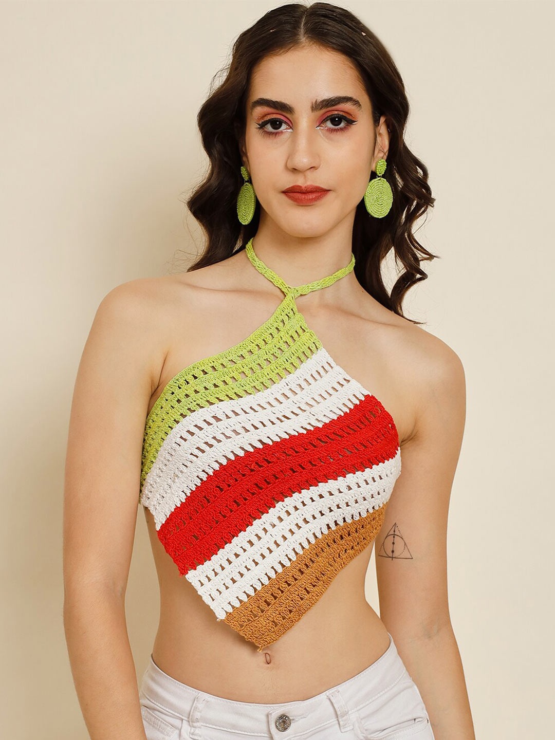 

BAESD Self Design Striped Halter Neck Crop Top, Green