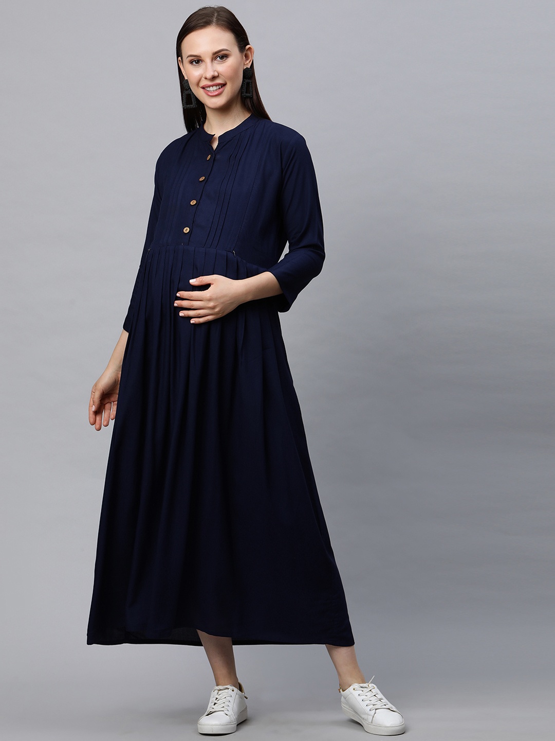 

MomToBe Mandarin Collar Neck Gathered Fit & Flare Maternity Sustainable Dress, Navy blue