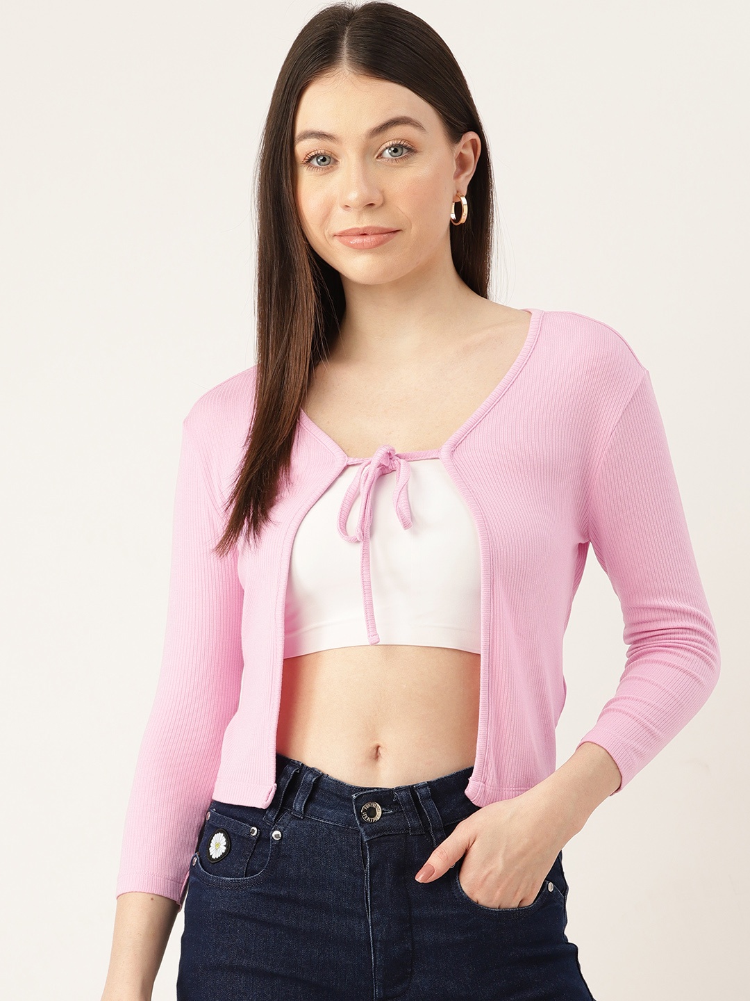 

FOREVER 21 Women Ribbed Tie-Up Shrug, Pink