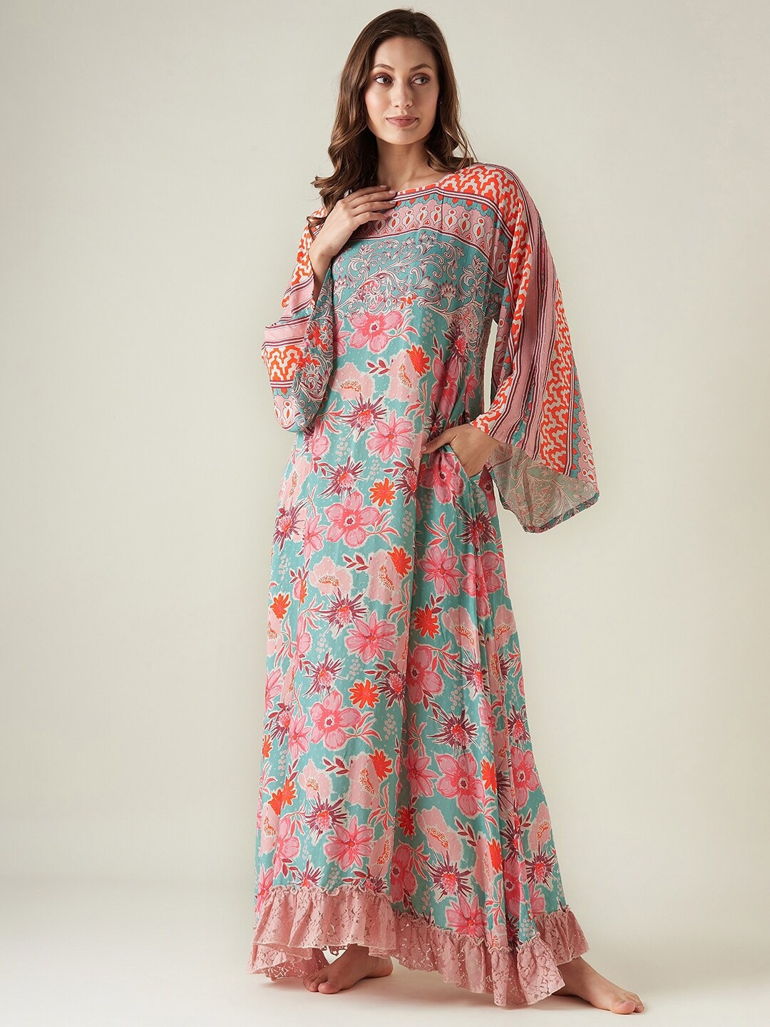 

The Kaftan Company Teal Printed Maxi Kaftan Nightdress
