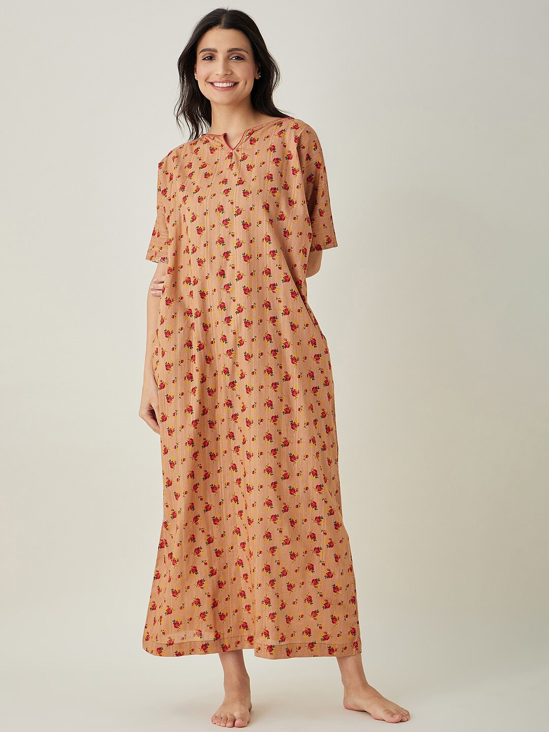 

The Kaftan Company Brown Floral Printed Maxi Pure Cotton Nightdress