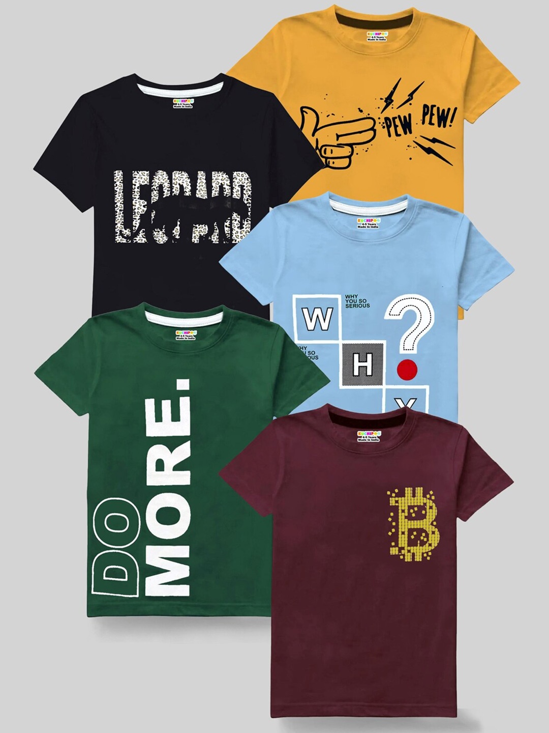 KUCHIPOO Boys Pack Of 5 Typography Printed T-shirt, Green