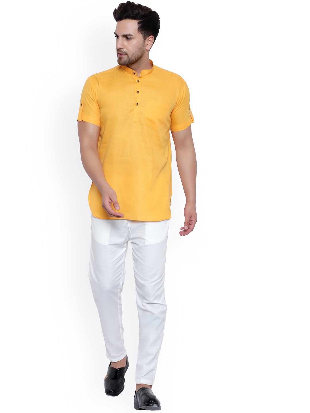 

ONNIX Mandarin Collar Regular Kurta with Pyjamas, Mustard