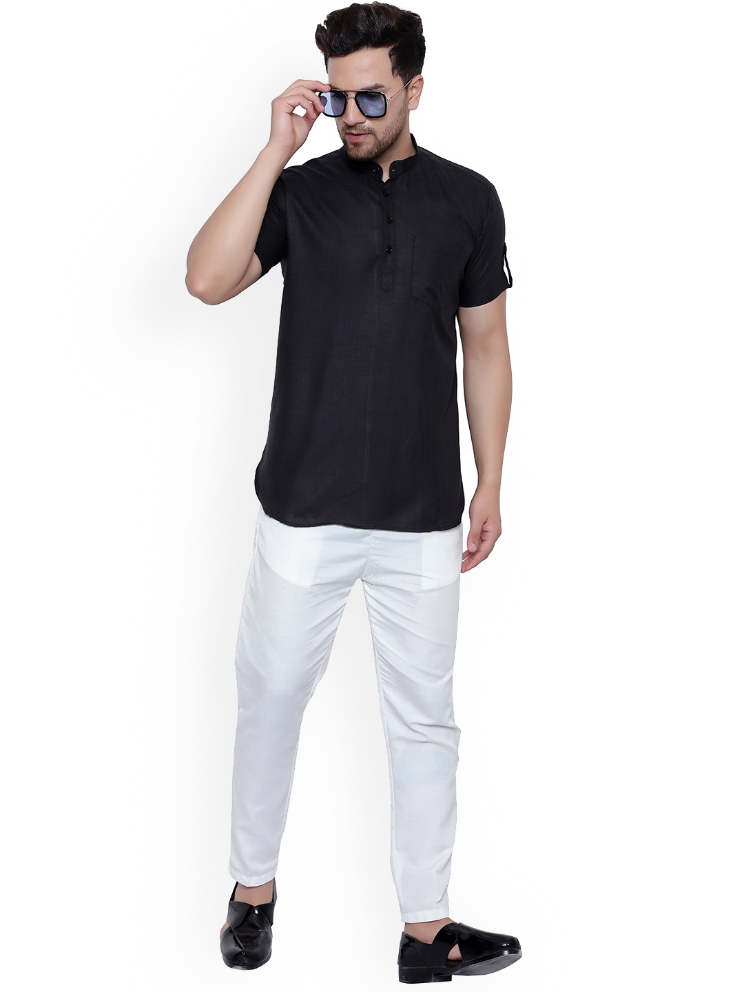 

ONNIX Mandarin Collar Regular Kurta with Pyjamas, Black