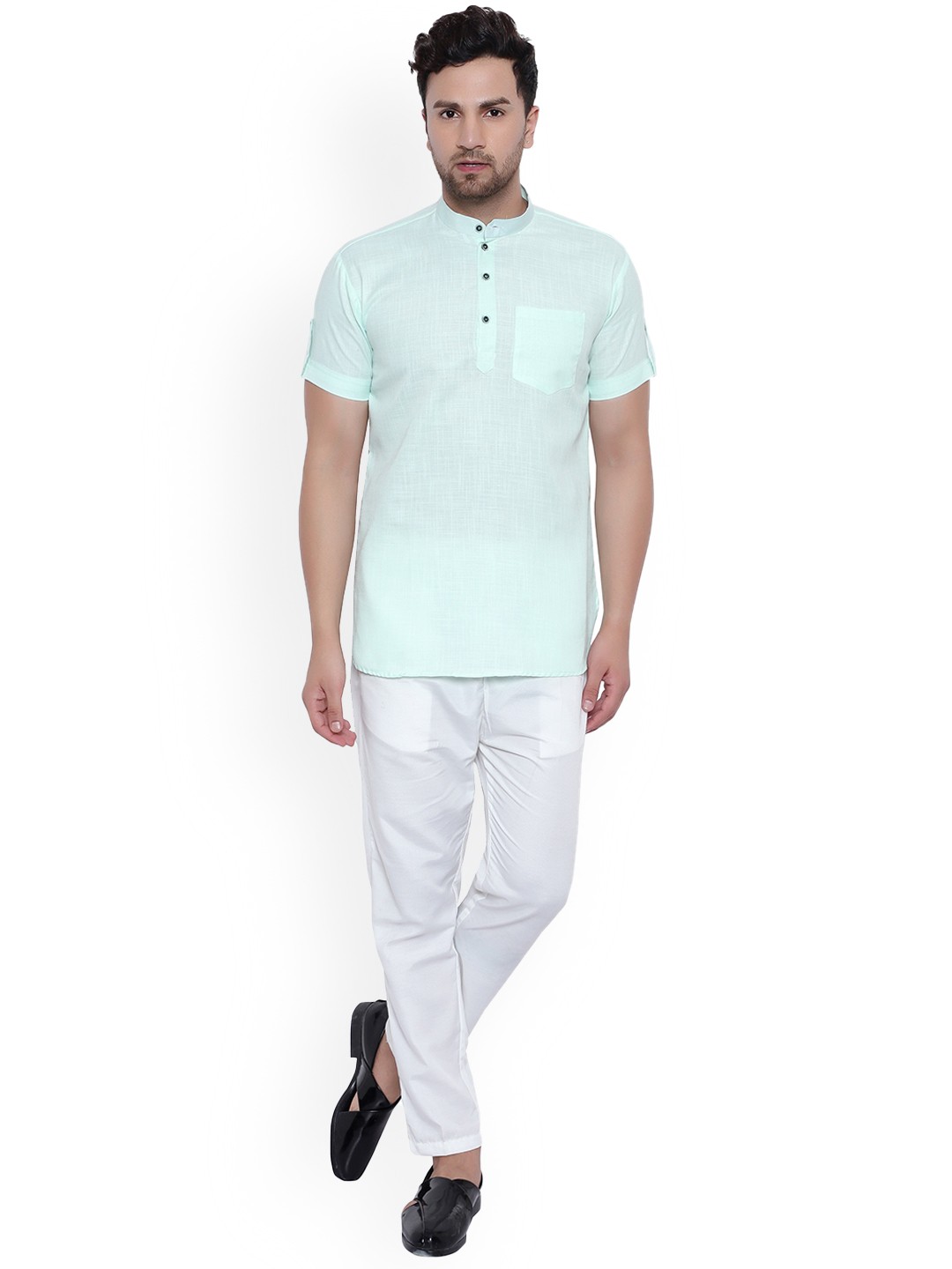 

ONNIX Band Collar Kurta With Pyjamas, Green