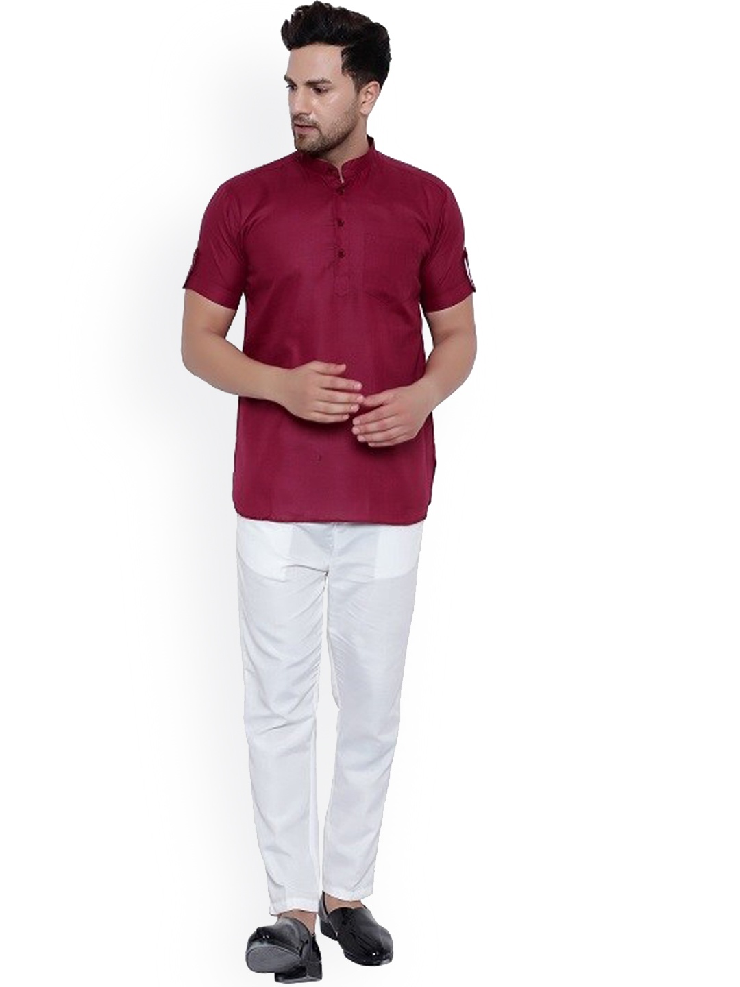 

ONNIX Band Collar Kurta With Pyjamas, Maroon