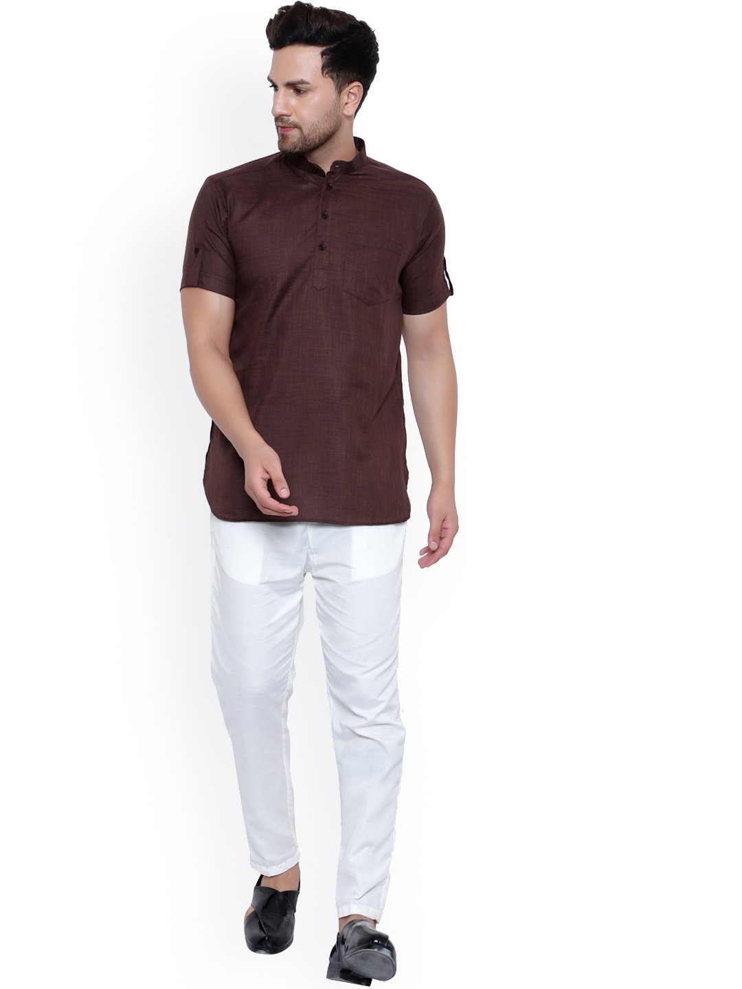 

ONNIX Band Collar Kurta With Pyjamas, Brown