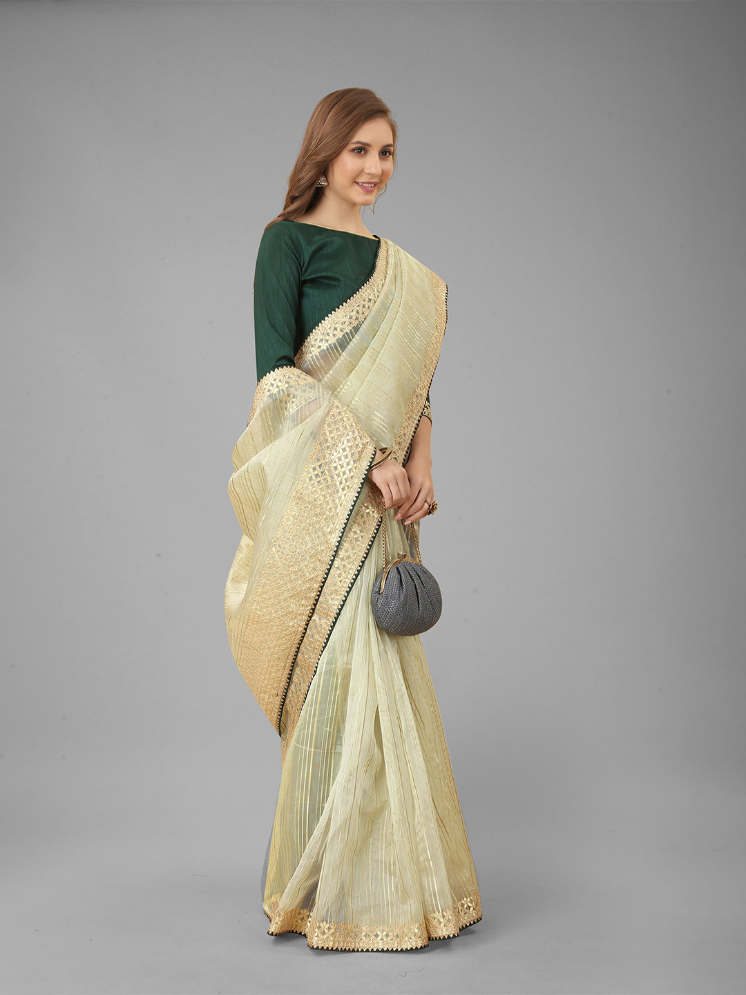 

N N ENTERPRISE Striped Gotta Patti Embroidered Net Saree, Cream