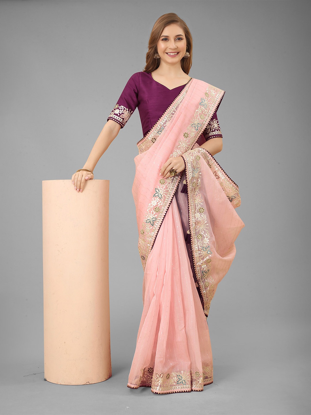 

N N ENTERPRISE Sequinned Embellished Gotta Patti Net Saree, Pink