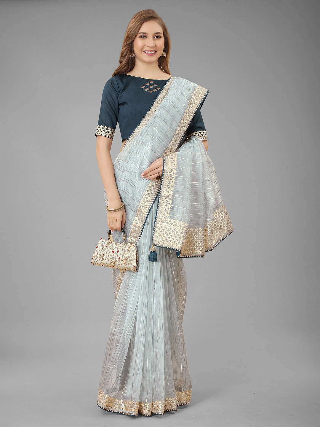 

N N ENTERPRISE Grey & Gold-Toned Striped Embroidered Net Saree