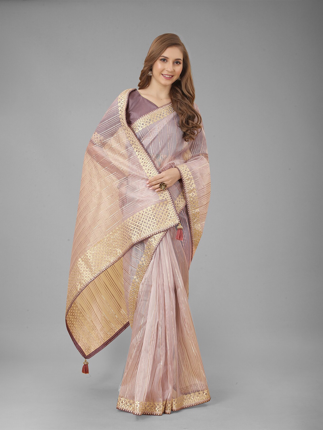 

N N ENTERPRISE Purple & Gold-Toned Striped Embroidered Net Saree