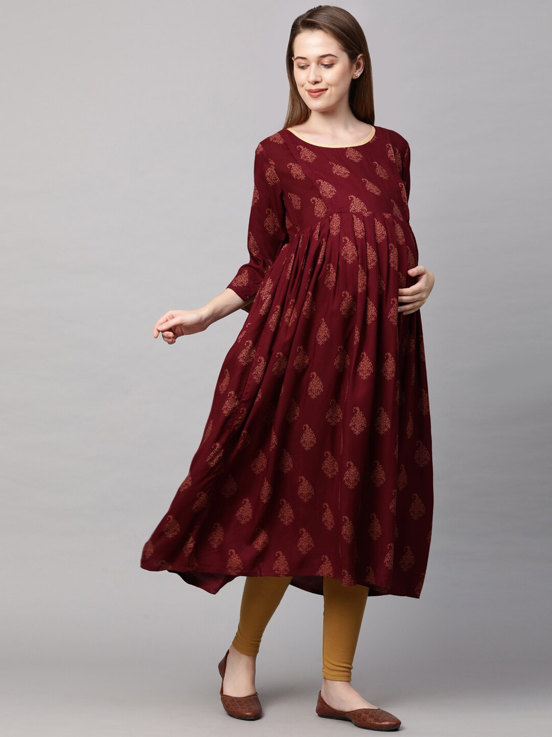 

MomToBe Paisley Printed Maternity Anarkali Sustainable Kurta, Red