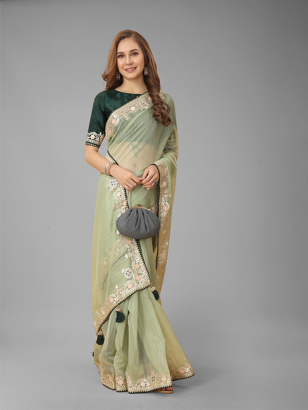

N N ENTERPRISE Sequinned Gotta Patti Embroidered Net Saree, Olive