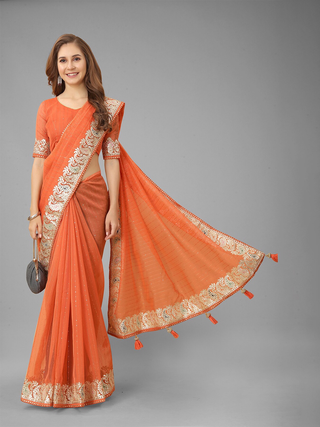 

N N ENTERPRISE Orange & Gold-Toned Embellished Zari Net Saree