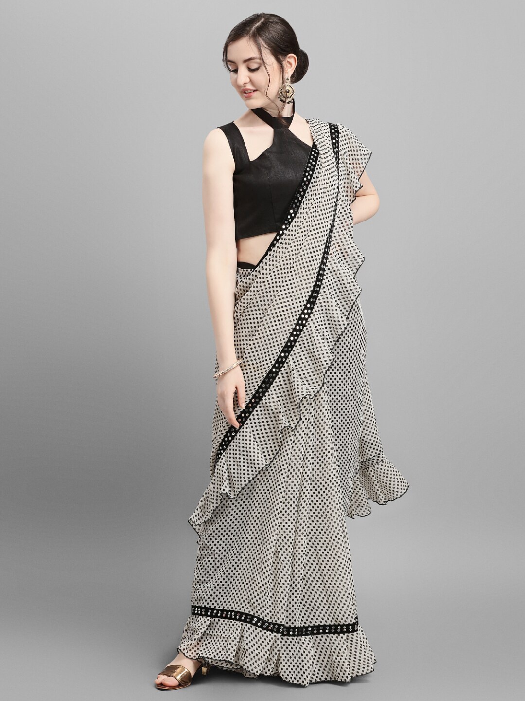 

B4ME.COM Polka Dot Printed Ruffled Saree, Black