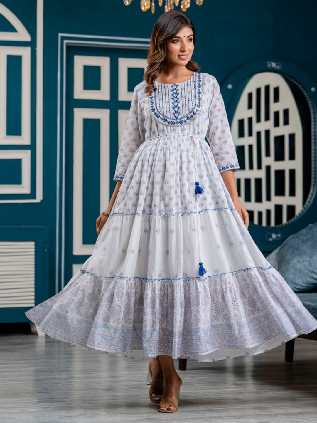 

KALINI Ethnic Motifs Printed Embroidered Detailed Cotton Fit & Flare Ethnic Dress, White