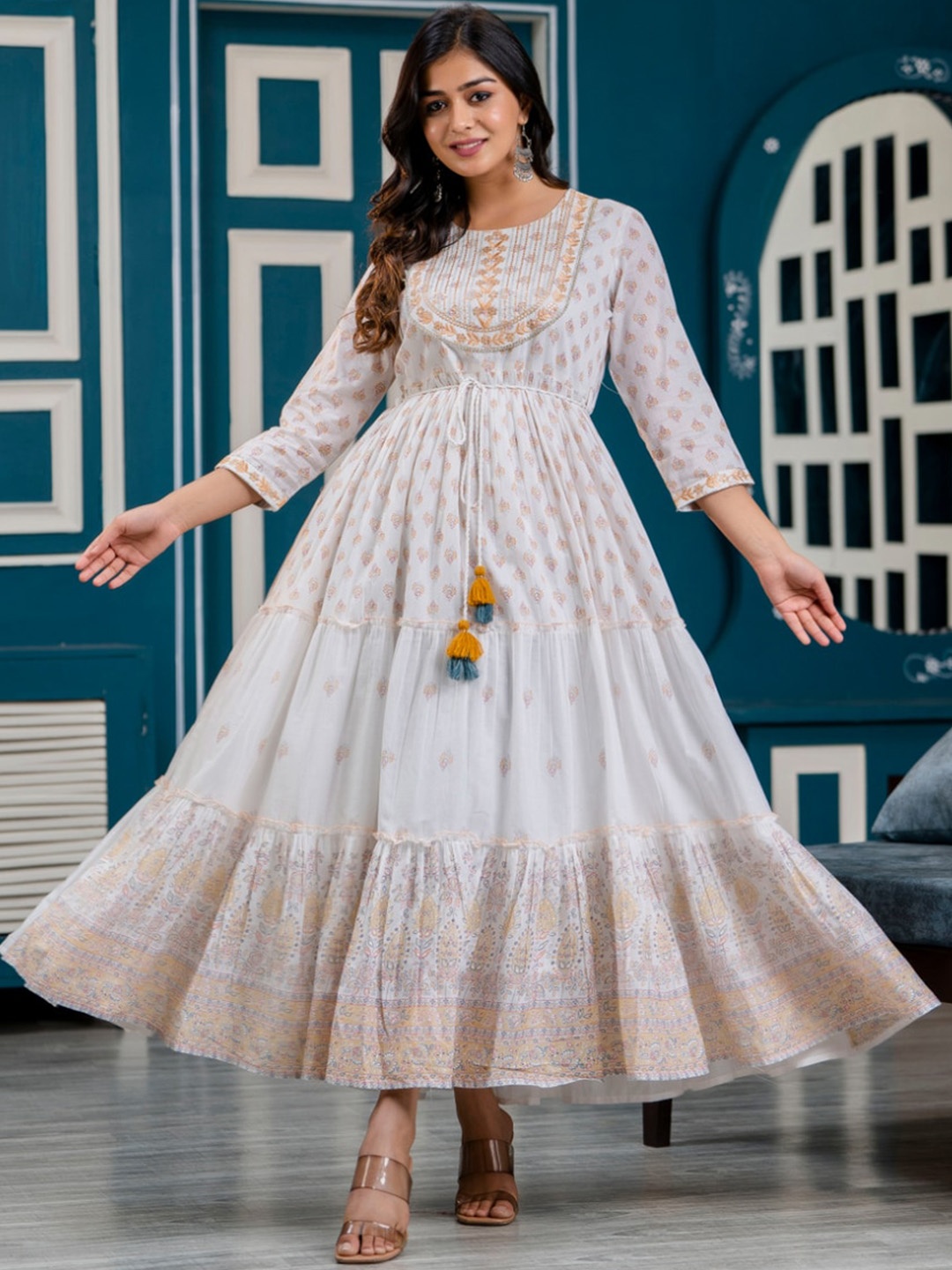 

KALINI Ethnic Motifs Printed Embroidered Detailed Cotton Fit & Flare Ethnic Dress, White