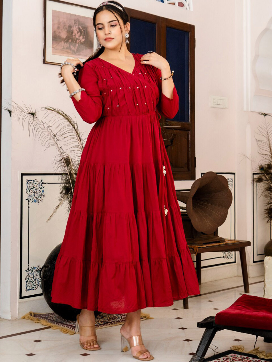 

KALINI V-Neck Mirror Work Cotton Ethnic Maxi Dress, Maroon