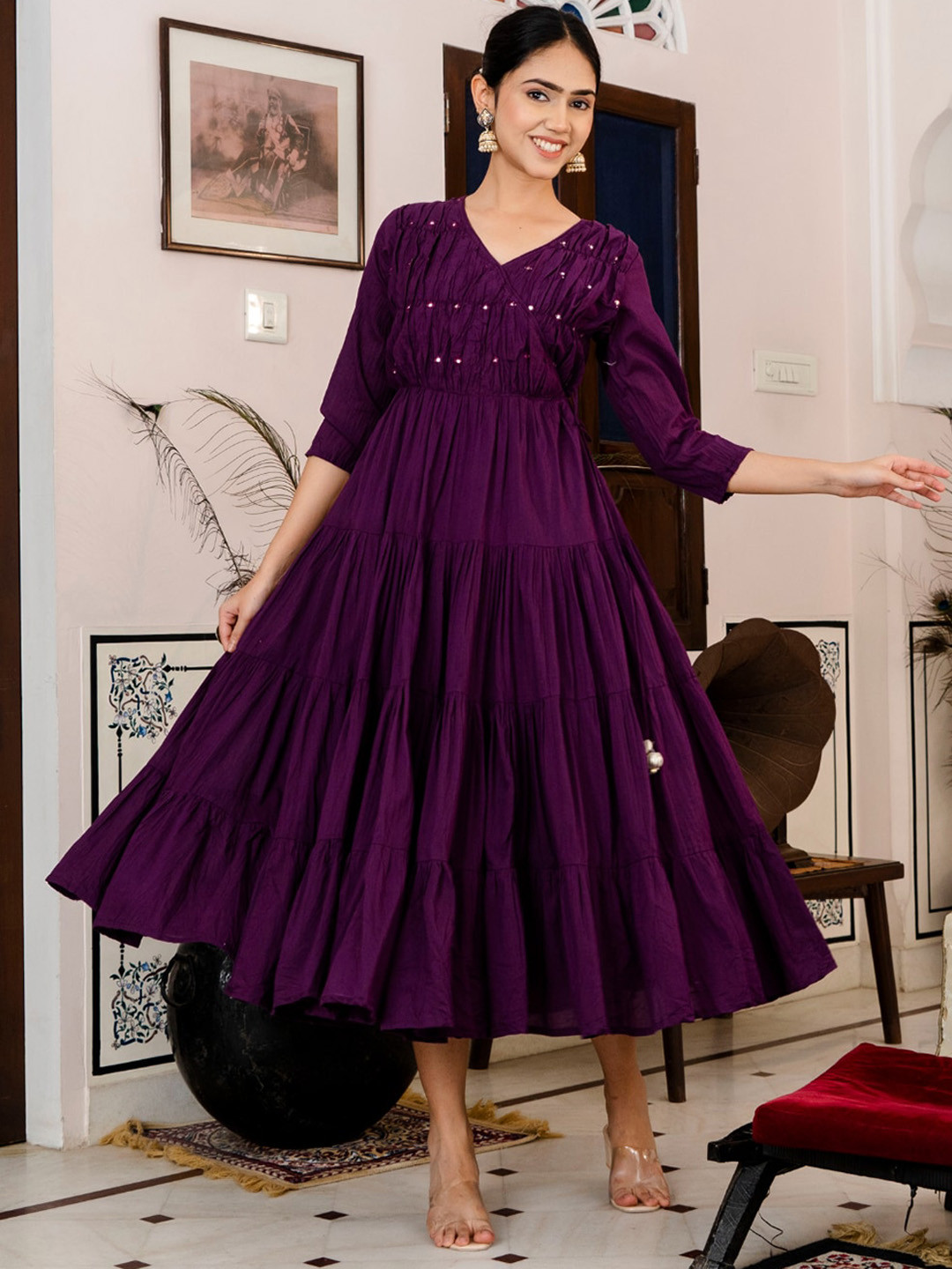 

KALINI Embellished Mirror Worked Cotton Fit & Flare Midi Ethnic Dress, Purple