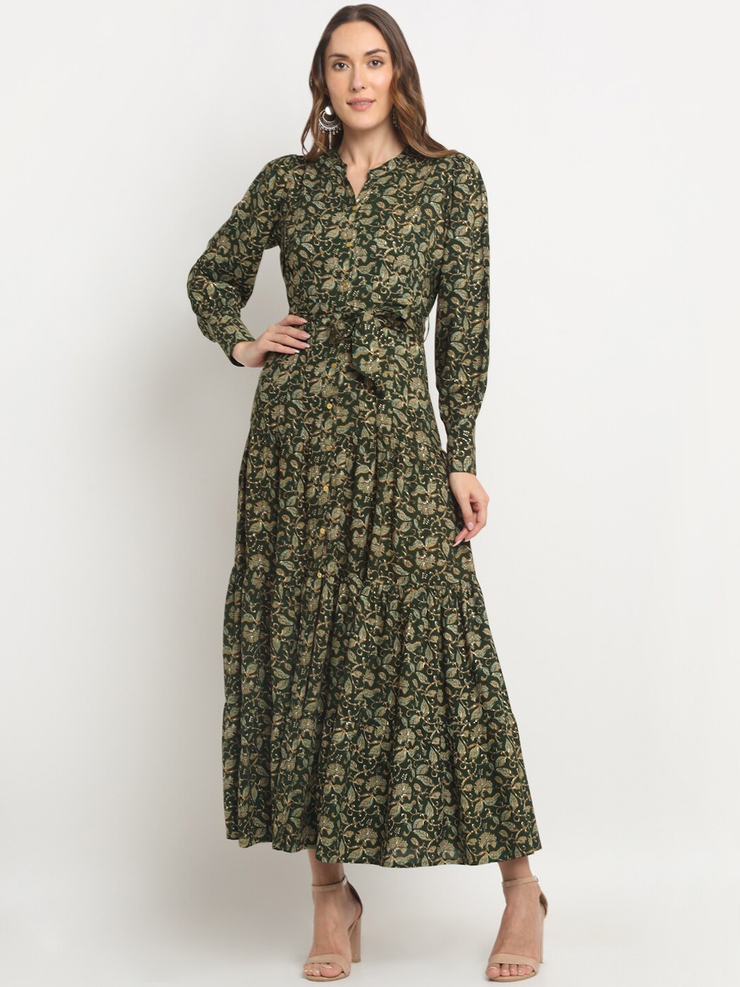 

KALINI Floral Printed Mandarin Collar Cuffed Sleeves Fit & Flare Dress, Green