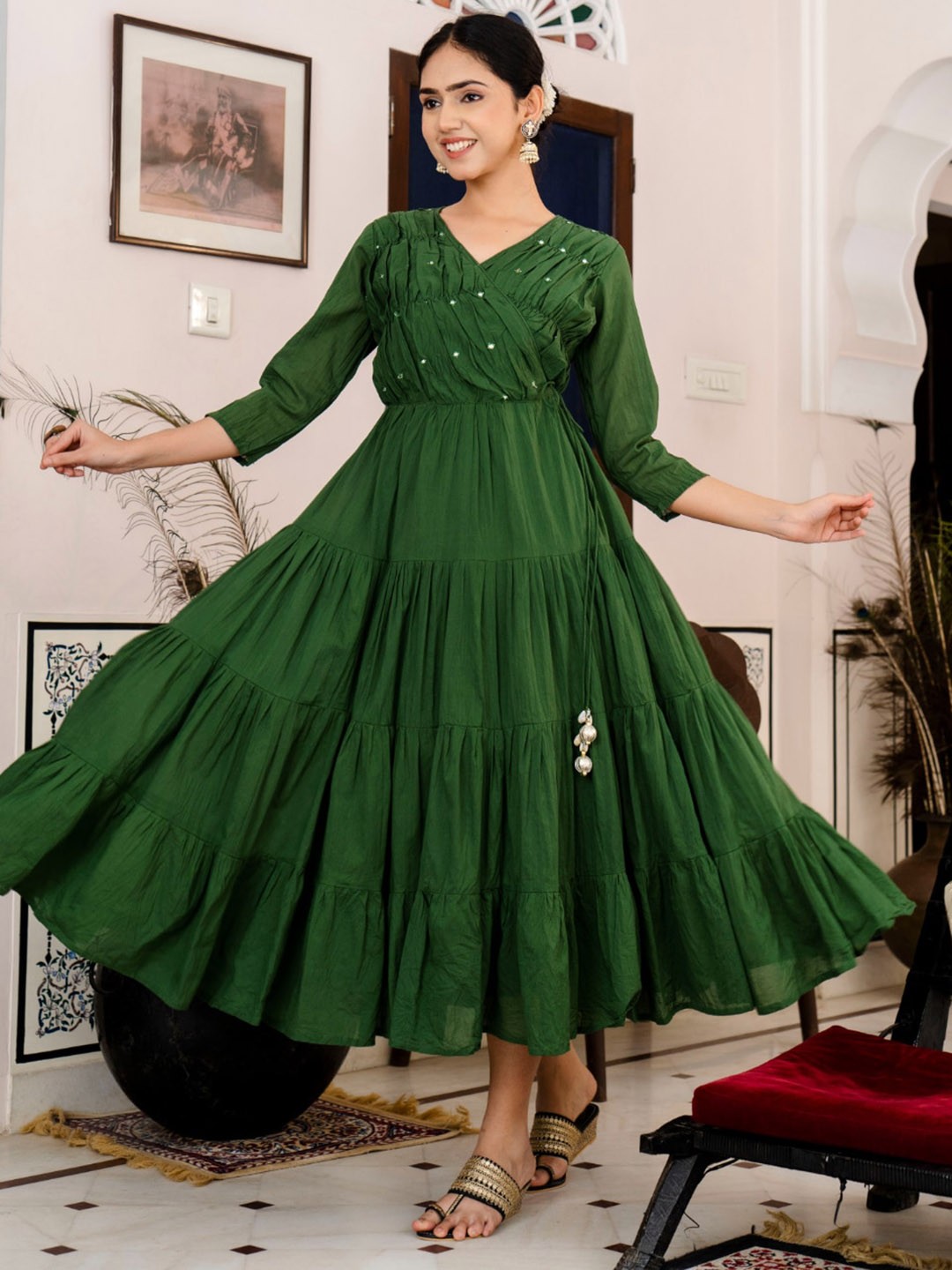 

KALINI Embellished V-Neck Tiered Pure Cotton Fit & Flare Maxi Ethnic Dress, Green