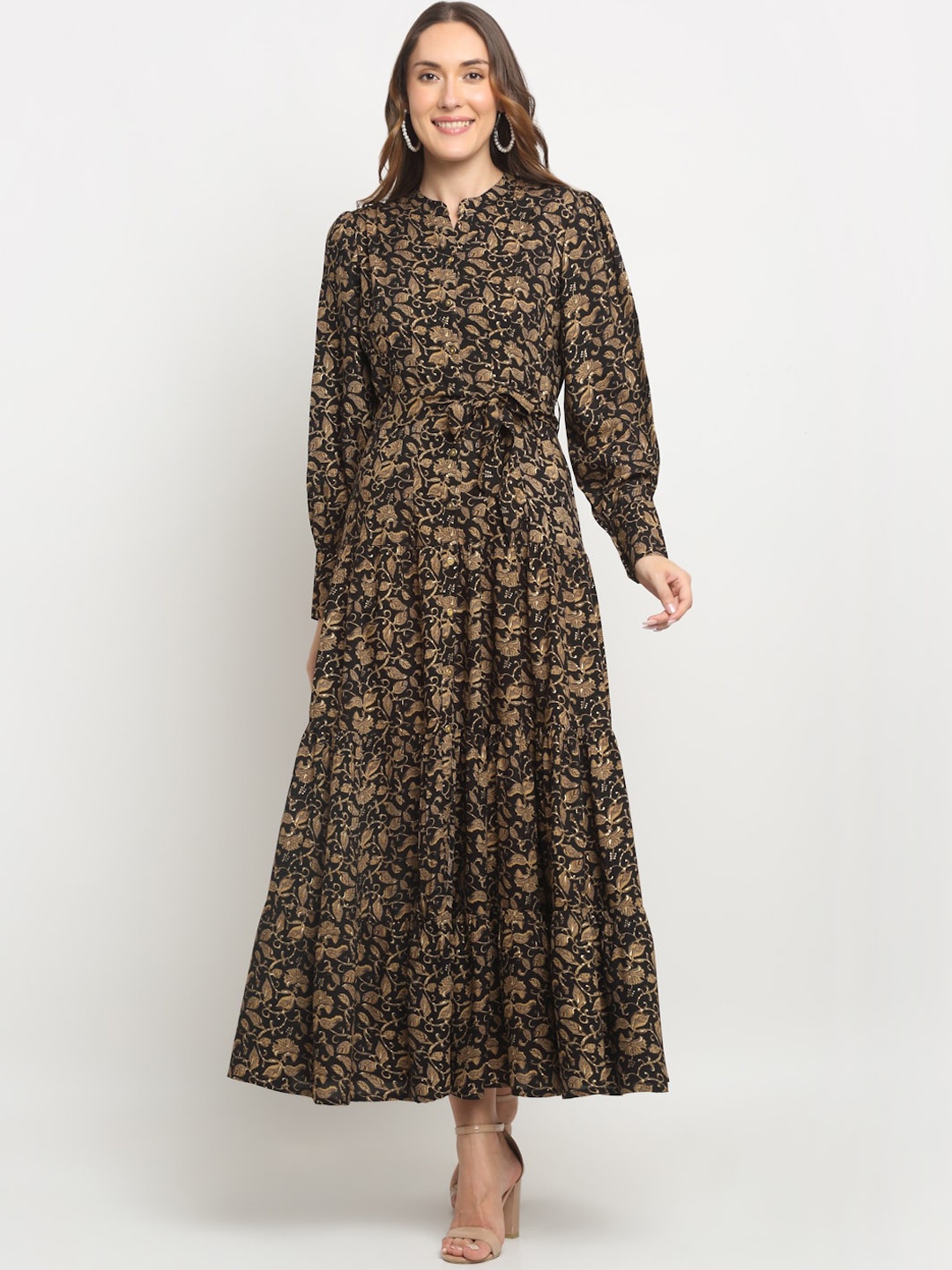 

KALINI Ethnic Motifs Printed Cuffed Sleeves Tiered Fit & Flare Maxi Dress, Black