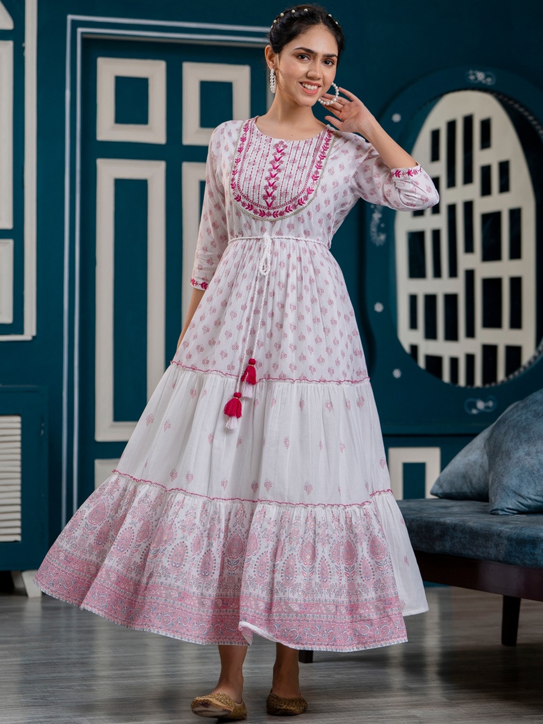 

KALINI Ethnic Motifs Embroidered Tiered Pure Cotton Fit & Flare Maxi Ethnic Dress, Pink