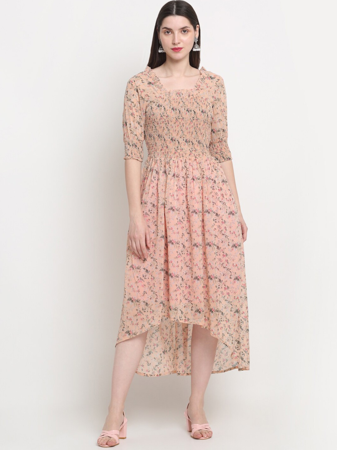 

KALINI Floral Printed Smocked Georgette Fit & Flare Dress, Peach