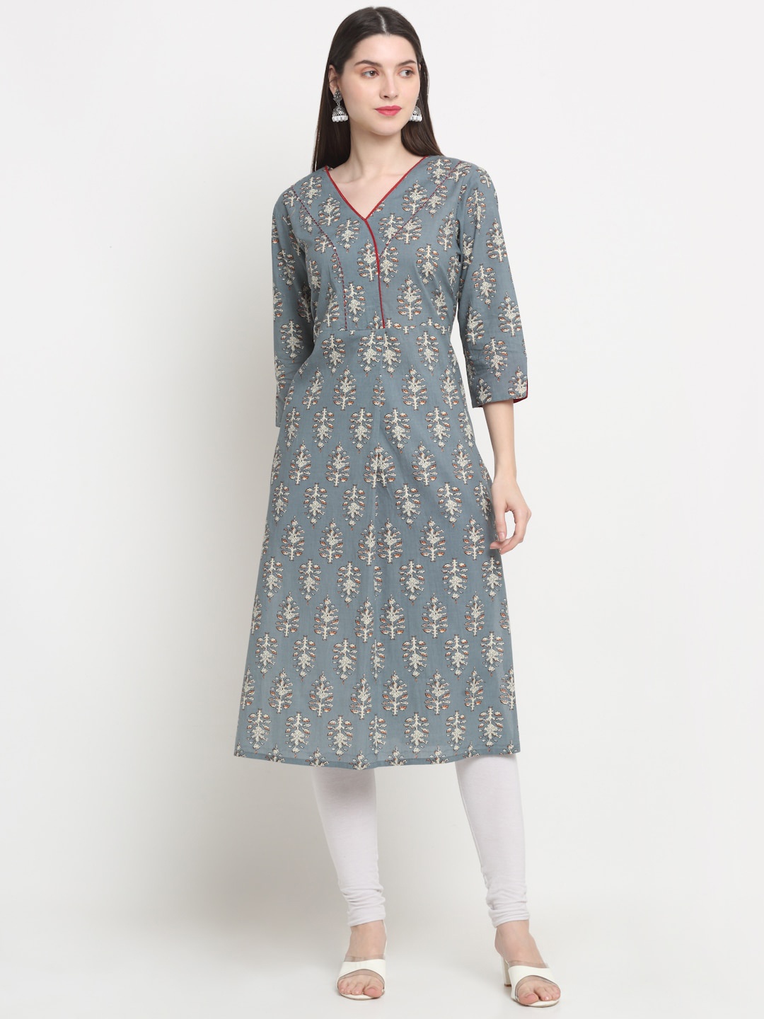 

KALINI Ethnic Motifs Printed V-Neck Cotton Kurta, Grey